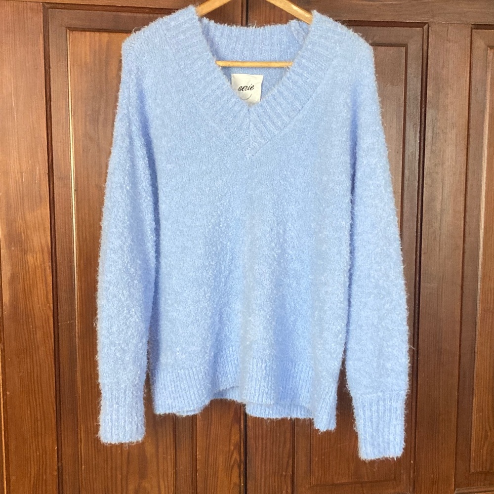 Aerie Teddy Boucle Light Blue Pastel Soft Oversized V-Neck Sweater Size Small